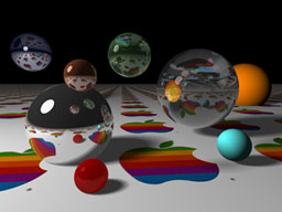 Apple logo reflected in spheres